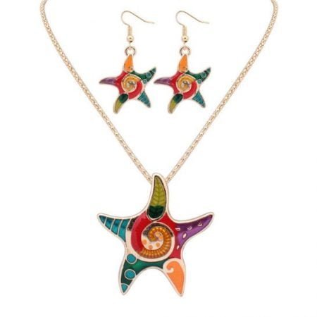 Colorful Starfish long chain necklace with earrings