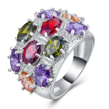 Silver Multicolor Crystal Ring