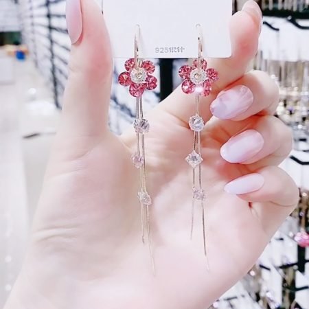 S925 Crystal Flower Long Tassel Earring