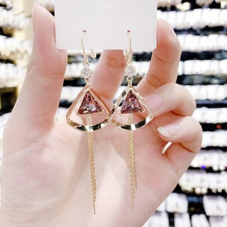 S925 Crystal Triangle Earring with Tassel