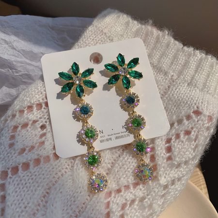 Green Crystal Long Flower Earring