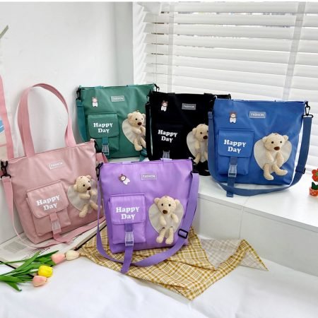 Nylon bag with happy day pocket and bear doll