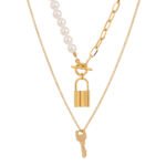 Multilayer necklace with key lock and pearl ball