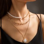 Multilayer pearl bead and wide chain necklace
