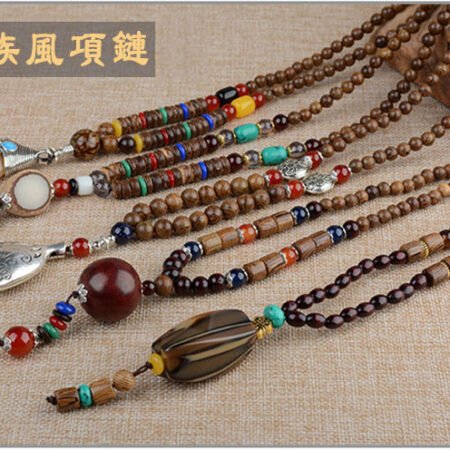 Retro ethnic style wooden bead long necklace