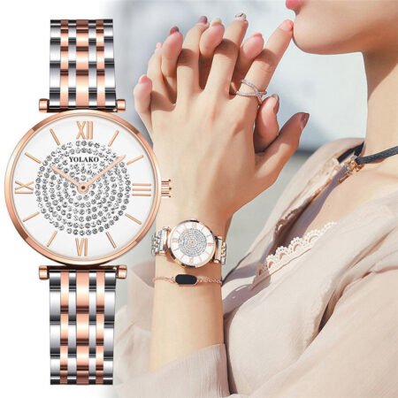 Stainless steel belt rhinestone dial watch for women