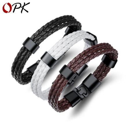 Triple layer braided leather bracelet with metal clasp