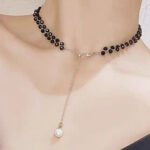 Cold style black crystal necklace with pearl ball