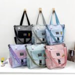 Literary plaid shoulder bag tote bag with big side pocket