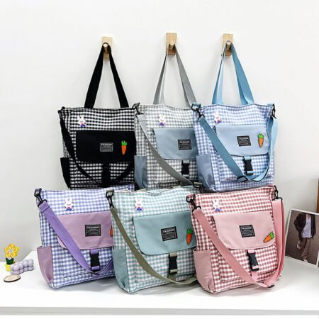 Literary plaid shoulder bag tote bag with big side pocket