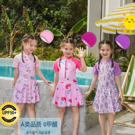 Girls Half sleeve skirt style uv protected swimsuit