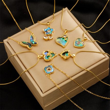 Titanium steel high end green resin and zircon pendant necklace