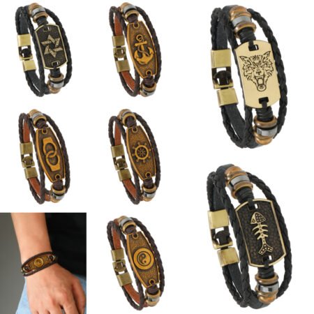 Vintage leather bracelet with crafted symbolic pendant