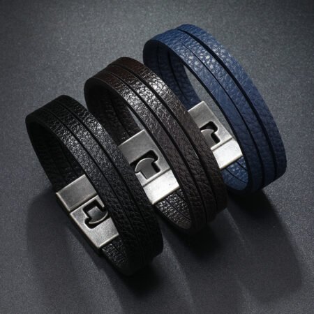 Triple layer personality leather bracelet with titanium buckle