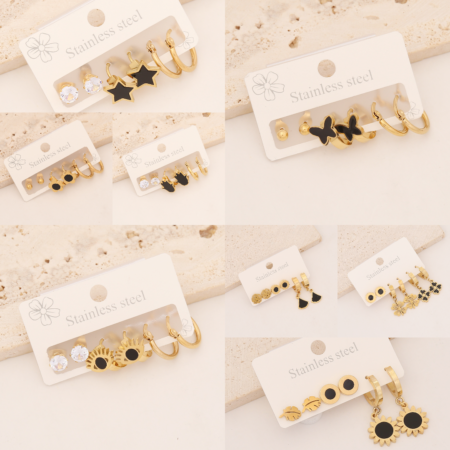 Titanium personality 3 pairs black resin earring set